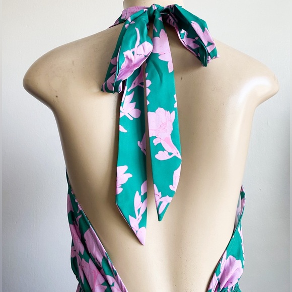 Floral Halter Maxi Dress Green Pink Tiered Vacay Cruise Ruffle Shirred Resort XL - Picture 7 of 10
